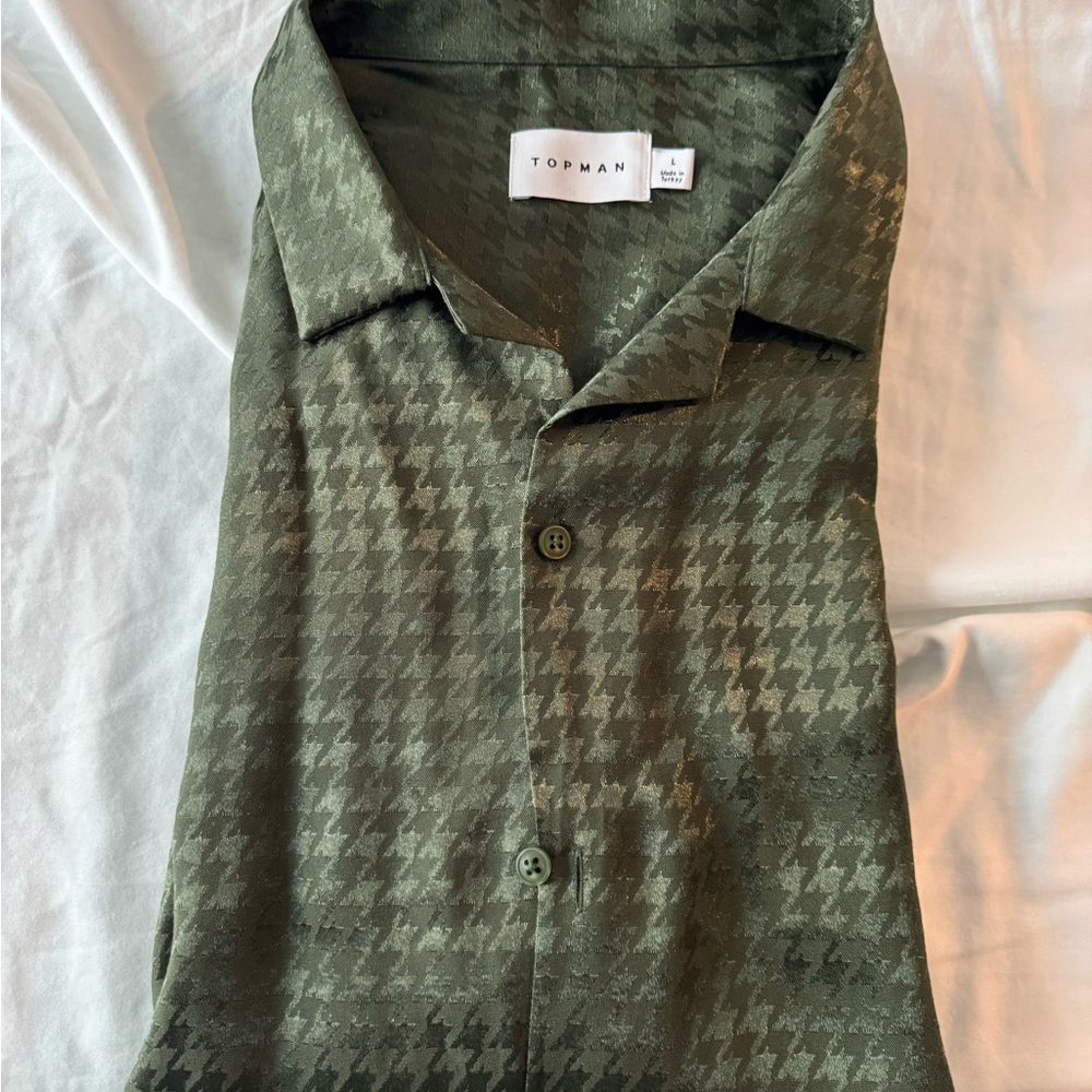 Topman Green Casual Button Down Shirt with Houndstooth Pattern